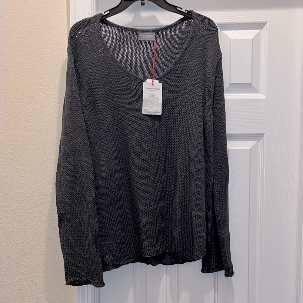 Wooden Ships Charcoal Knit V-Neck Sweater